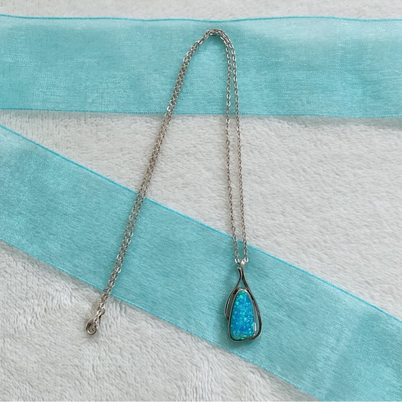 Sterling Silver Lab-Created Opal Pendant Necklace 18” Italian 925 Chain - Picture 1 of 15